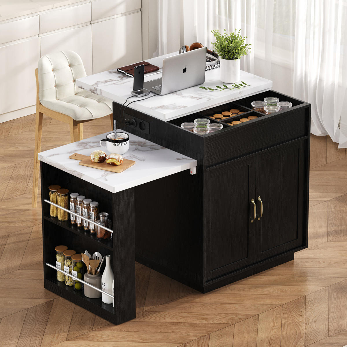 KÜCHENINSEL ausziehbar 125,5-187,5 x 71 x 93 cm MDF Schwarz - Schwarz, Holzwerkstoff (71/93/125.5cm) - Meubliv