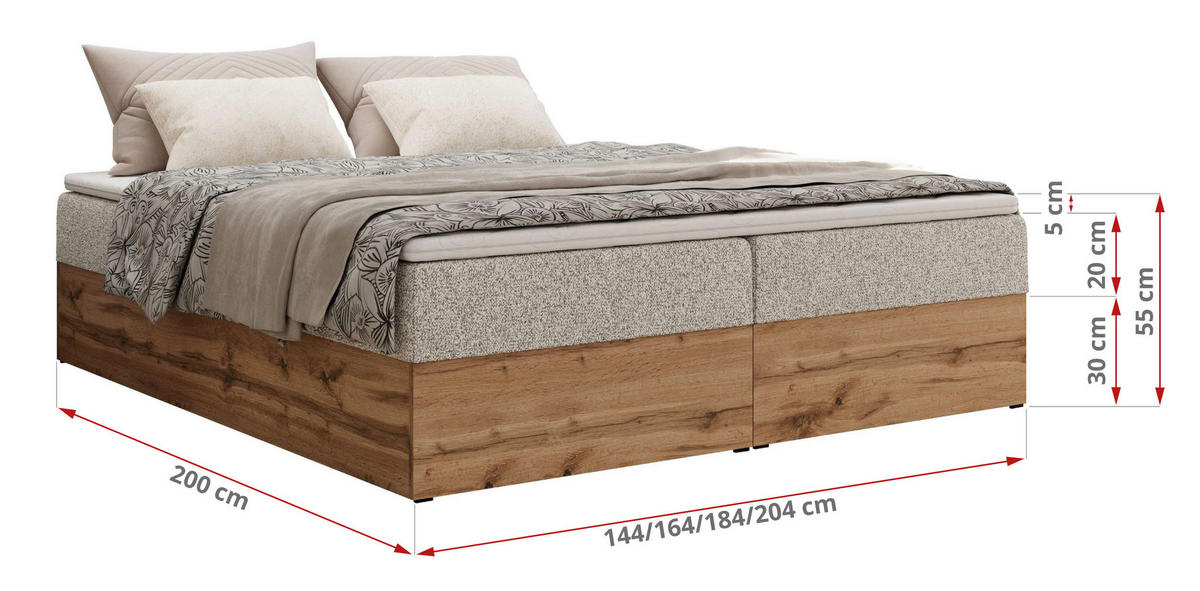BOXBETT WOOD ZERO 160/200 - Hellgrau Struktur - H3 - Topper Visco - Hellgrau, Textil (160/200cm) - MKS