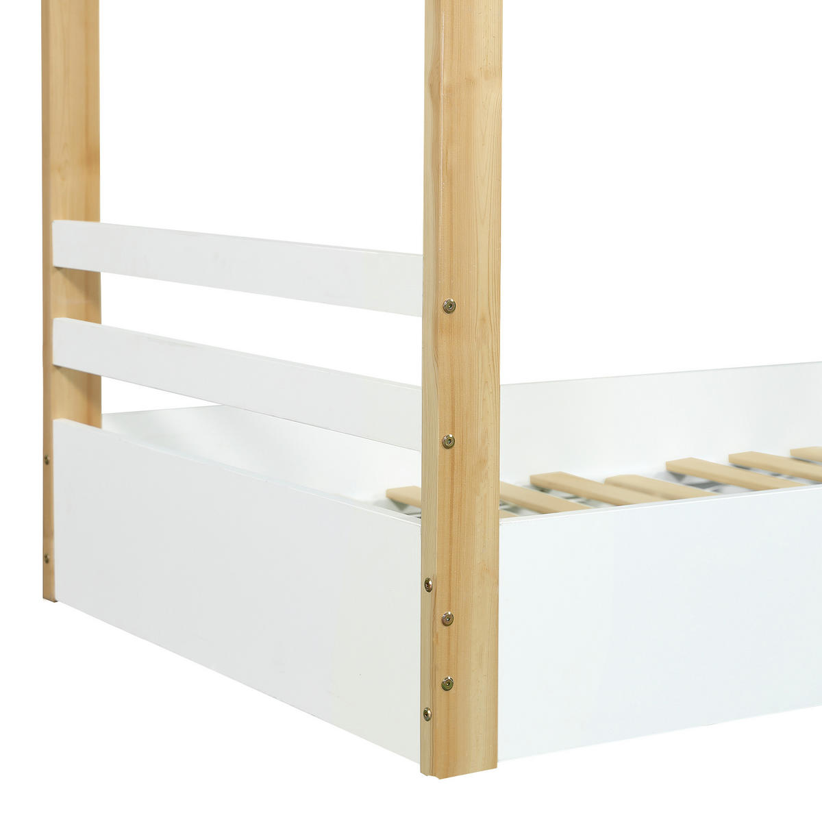 HAUSBETT 90/190 mit Hausdesign und Lattenrost in Weiß + Natur - Weiß/Naturfarben, Holzwerkstoff (90/190cm) - EVRYAE