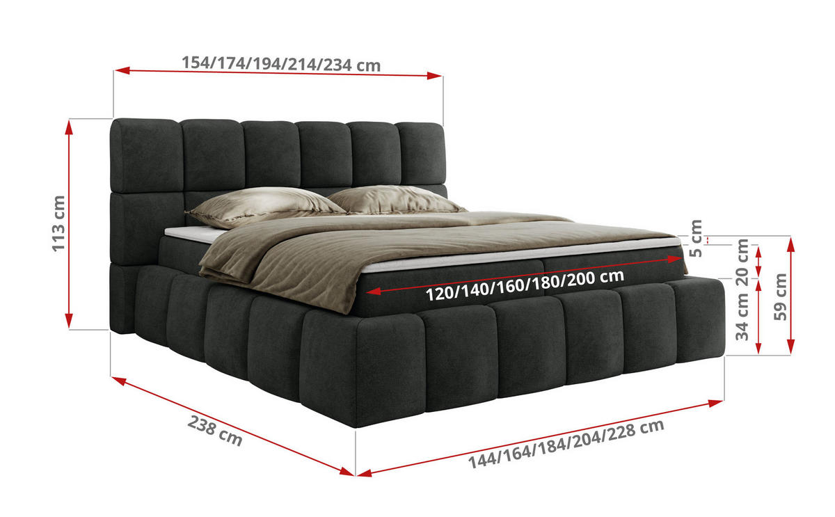 BOXBETT NIRA 140/200 - Dunkelgrau Strukture - H3 - Dunkelgrau, Holz/Textil (140/200cm) - MKS