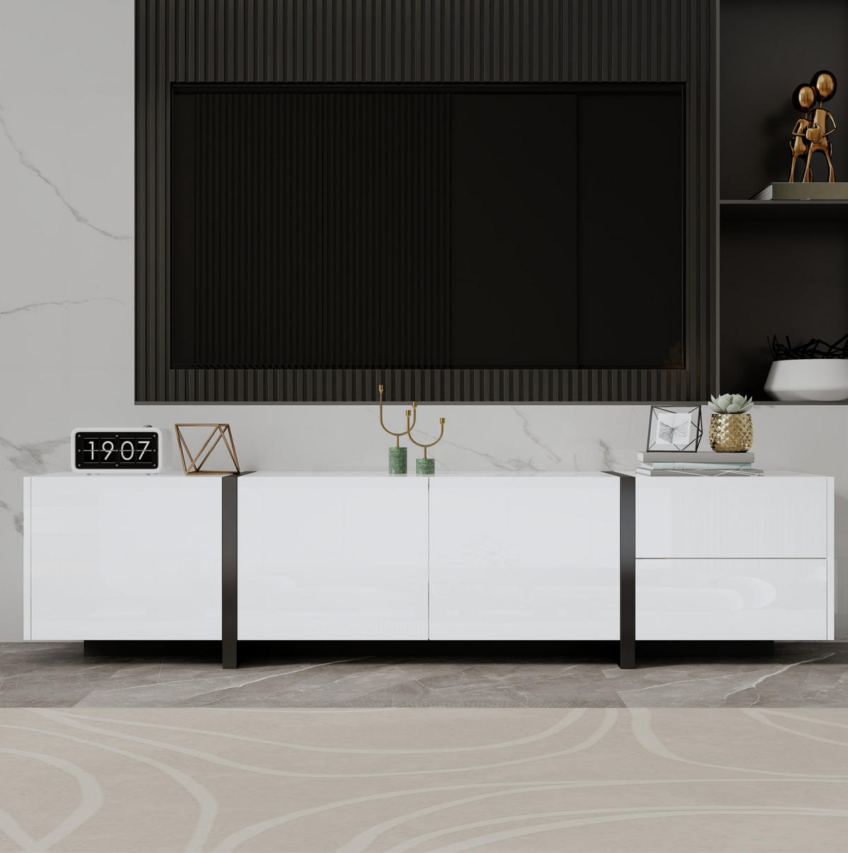TV-LOWBOARD aus Spanplatte 170x30x39 cm Weiß/Schwarz mit 3 Türen, 1 Schublade und Klapptür in Hochglanzoptik - Weiß, Holzwerkstoff (170/39/30cm) - Modfu