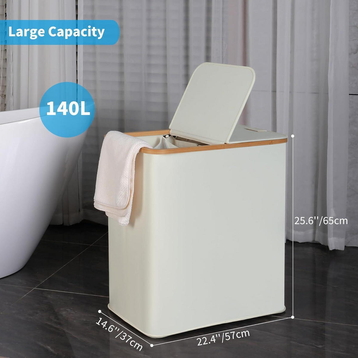 WÄSCHEKORB mit Deckel und 2 Fächern Beige 140L - Weiß, Naturmaterialien (37.1/65/56.9cm)
