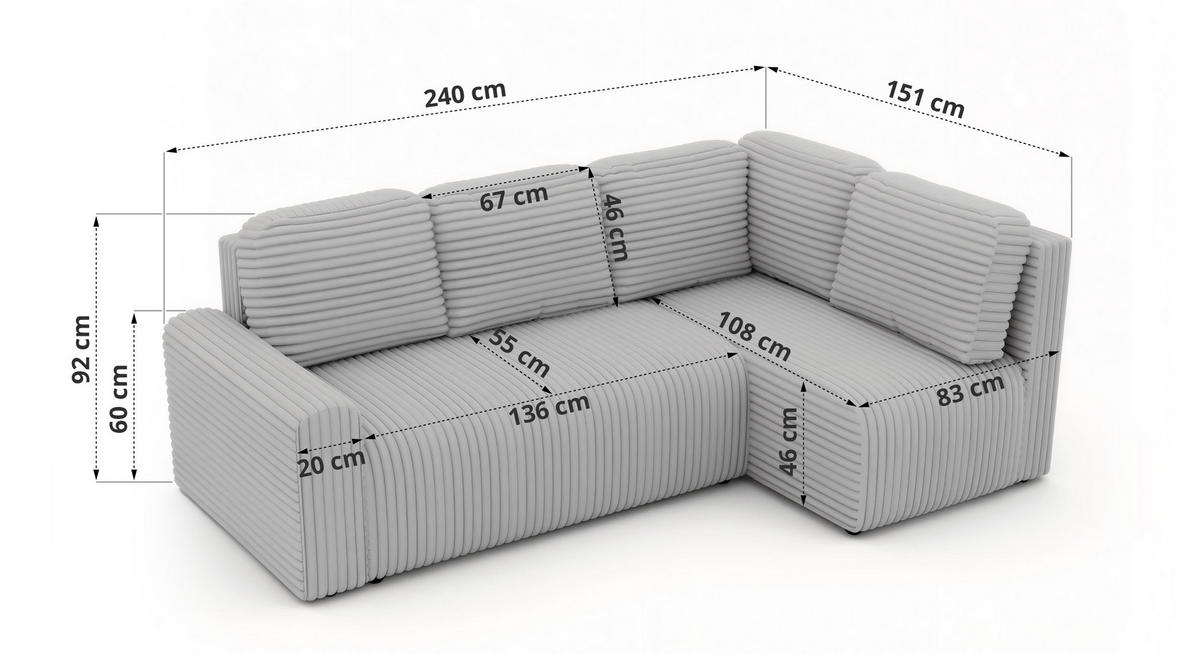 ECKSOFA NESSARO COR L - Hellbraun Cord - Links - Hellbraun/Schwarz, Kunststoff/Textil (151/240cm) - MKS