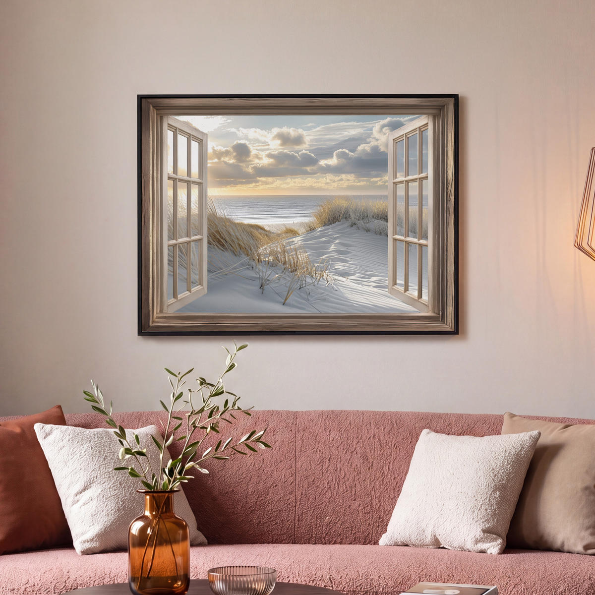 LEINWAND Bilder mit Rahmen - Ausblick - Strand - Dünen - Meer - Natur - 70x50 - Sandfarben, Textil (70/50cm) - MuchoWow
