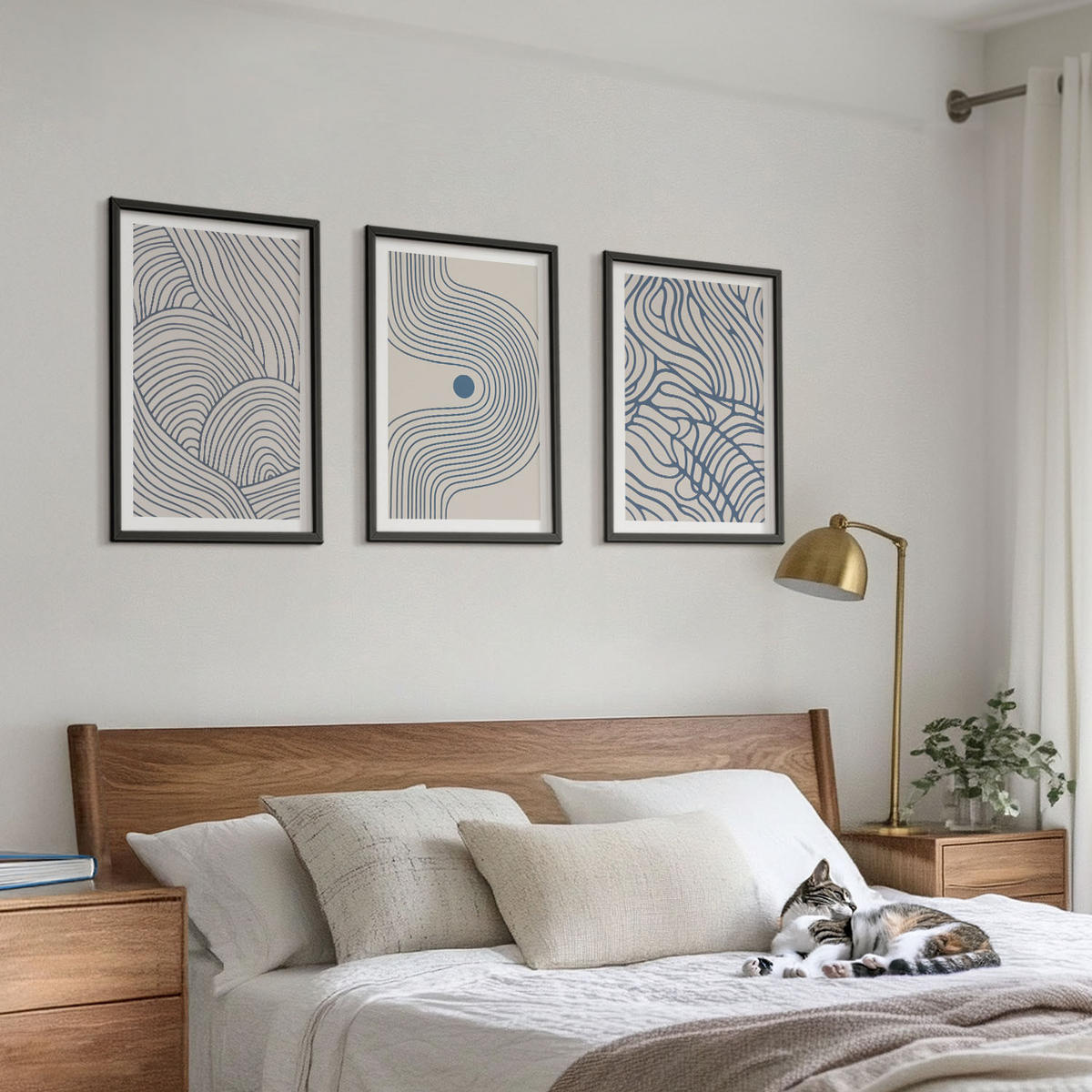 BILDER SET 3er Set - 40x60 cm Schwarzer Rahmen - Abstrakte Linien, Wellenformen - Schwarz, Kunststoff (40/60cm) - TULUP