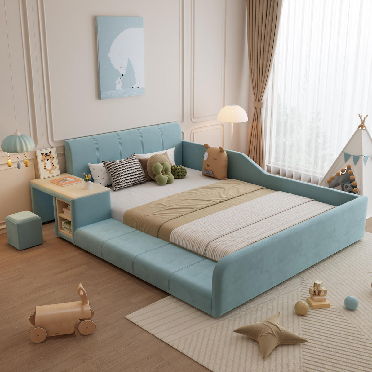 POLSTERBETT mit Schreibtisch und Hocker 140x200 cm Samt Blau - Blau, Holzwerkstoff (140/200cm) - Beauniv