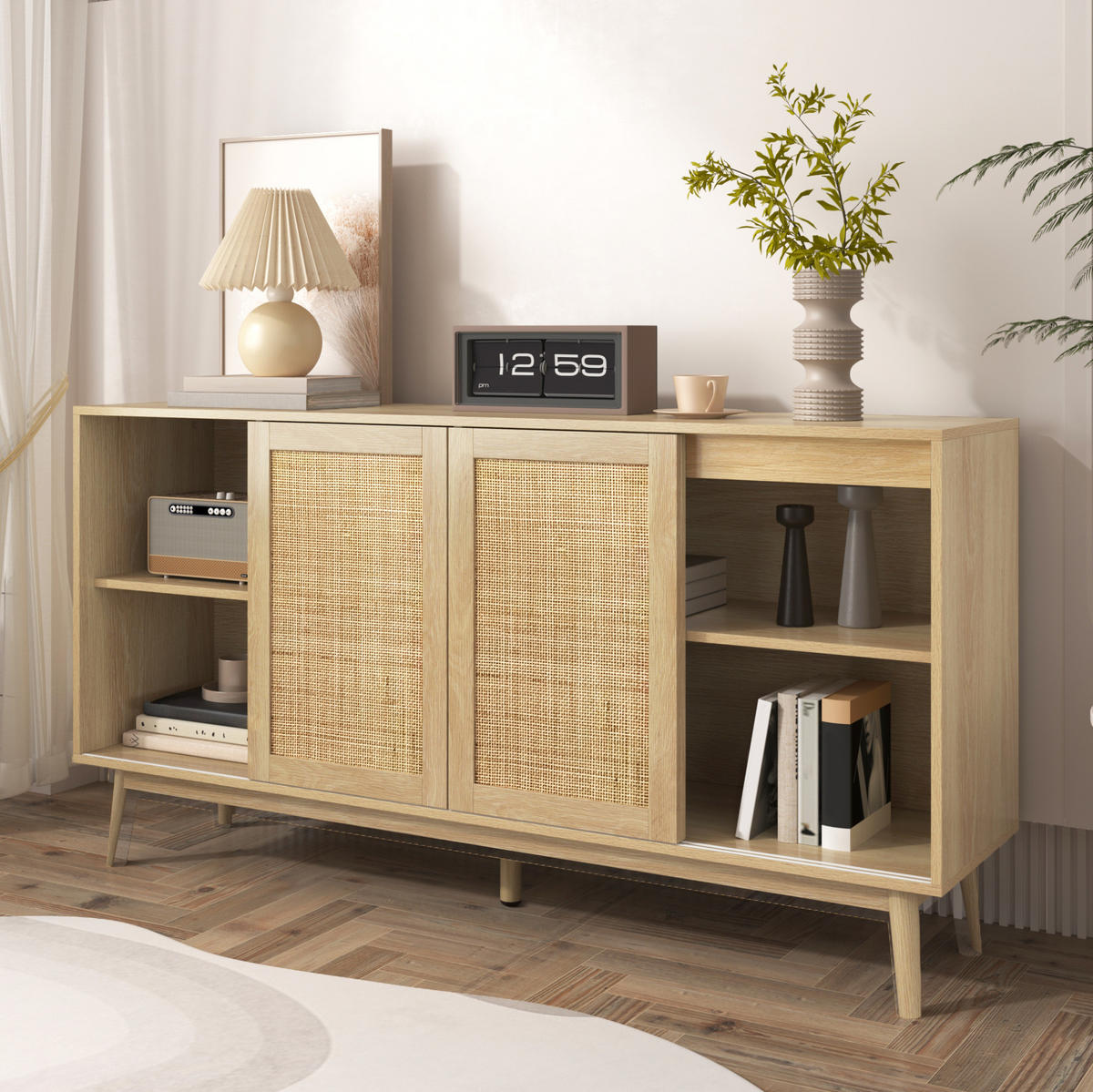 SIDEBOARD 155/38/80 cm aus MDF und Spanplatte mit Rattanschiebetüren und 2 Schubladen Holzfarben - Naturfarben, Holzwerkstoff (155/80/38cm) - Modenvie