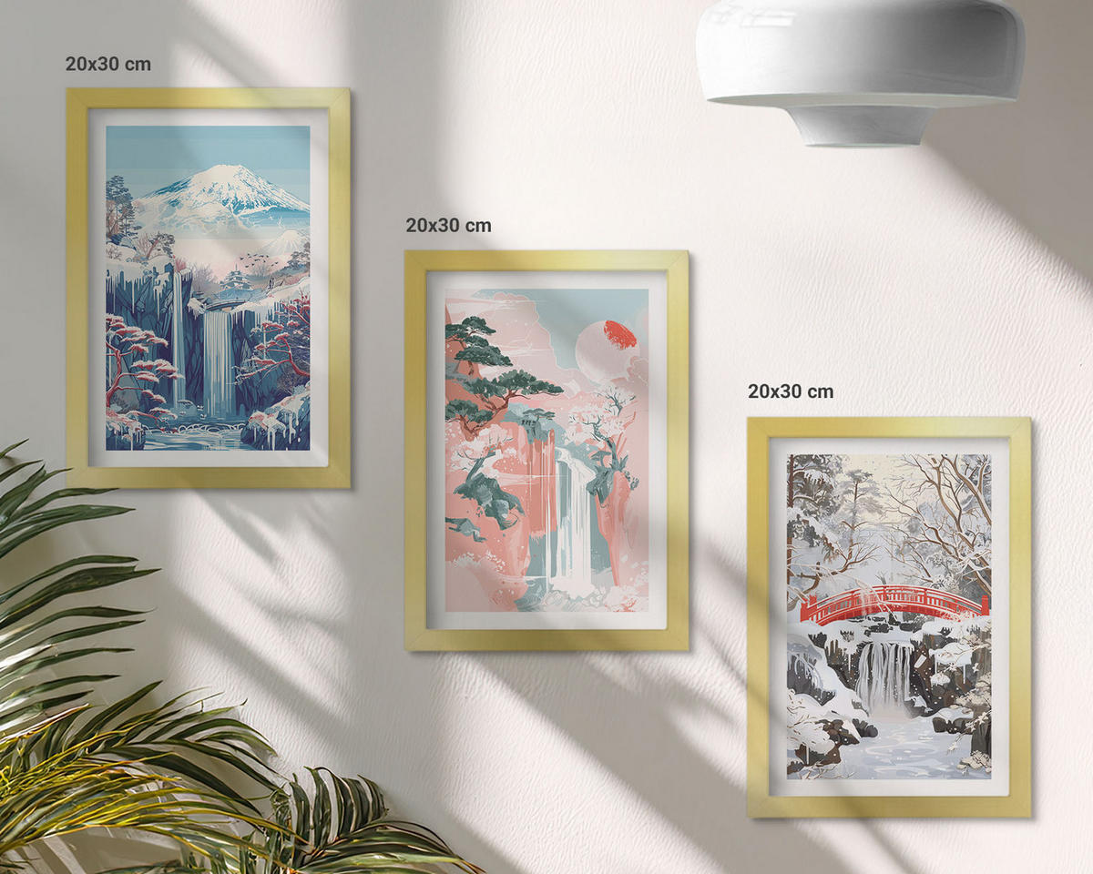 WANDBILDER 3er Set - 20x30 cm Goldrahmen - Berglandschaften, Wasserfälle - Goldfarben, Kunststoff (20/30cm) - ArtPrintCave