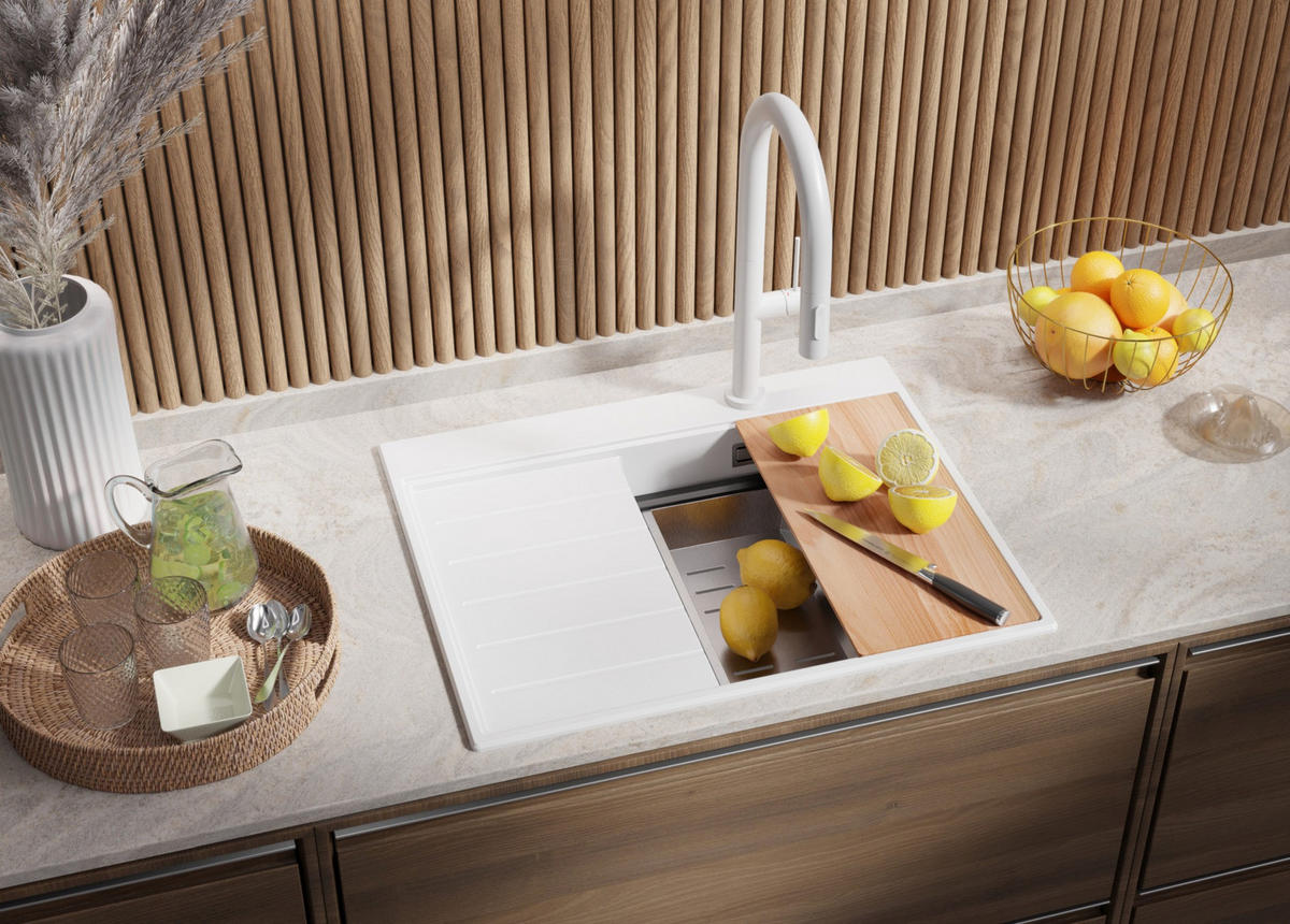 SPÜLBECKEN Sydney, 2-er set Weiß 62/50 cm 1 Becken + Ablauf-Set + Küchenzubehörset ab 40er Unterschrank - Chromfarben/Beige, Kunststoff (62/20/50cm) - Primagran