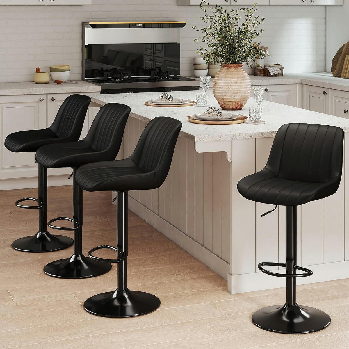 BARHOCKER 2er Set drehbar höhenverstellbar PU-Leder Schwarz - Schwarz, Kunststoff (46/109/37cm)