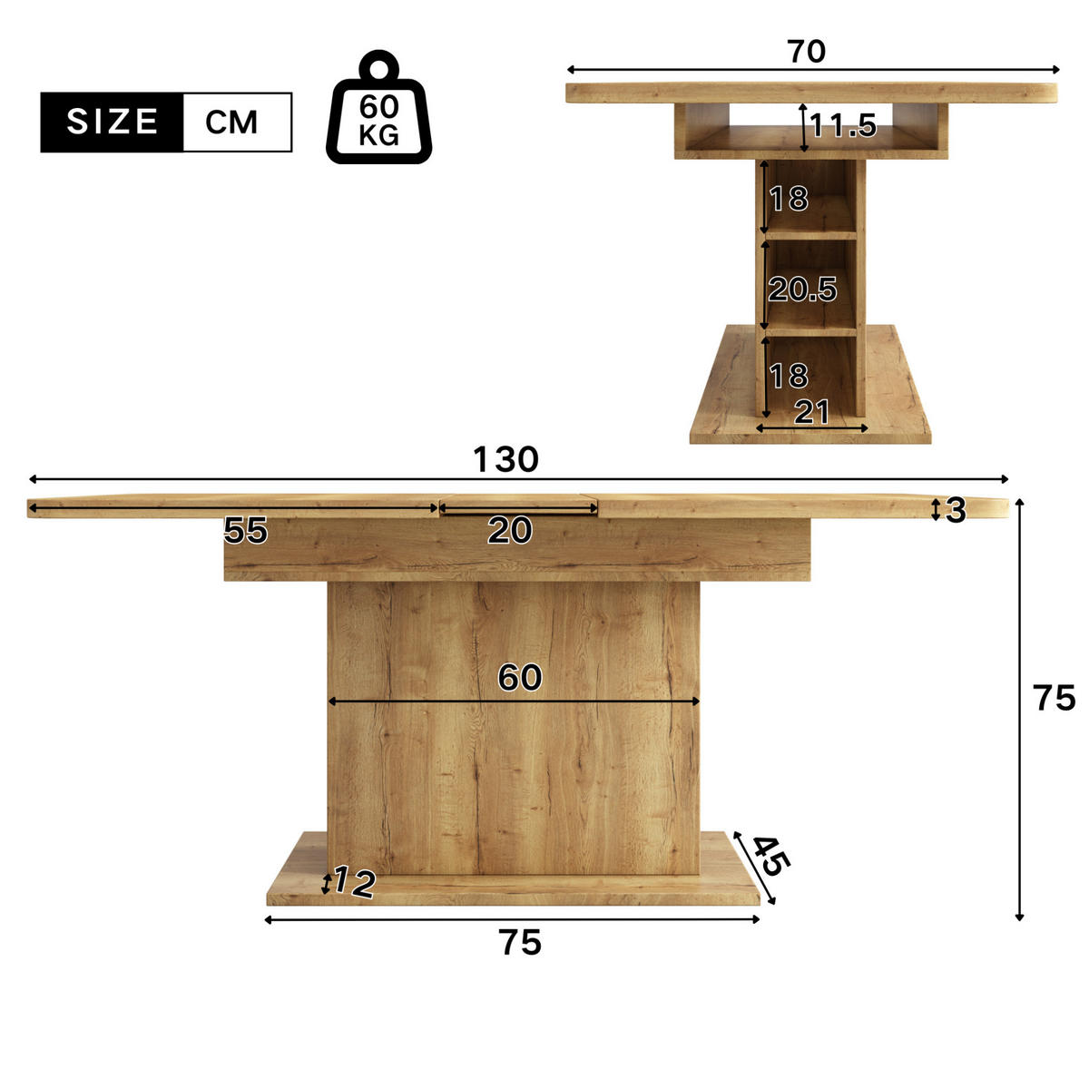 JEDILNA miza 110/130/70/75 cm raztegljiva s sredinskim podstavkom in prostorom za shranjevanje, Naravna - naravne barve, leseni material (130/70/75cm) - Redom