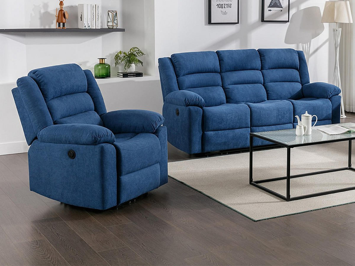 SOFAGARNITUR mit Relaxfunktion - 4 -Sitzer - Polyester - blau - BUROLO - Blau, Textil (199/103/95cm) - Vente-Unique