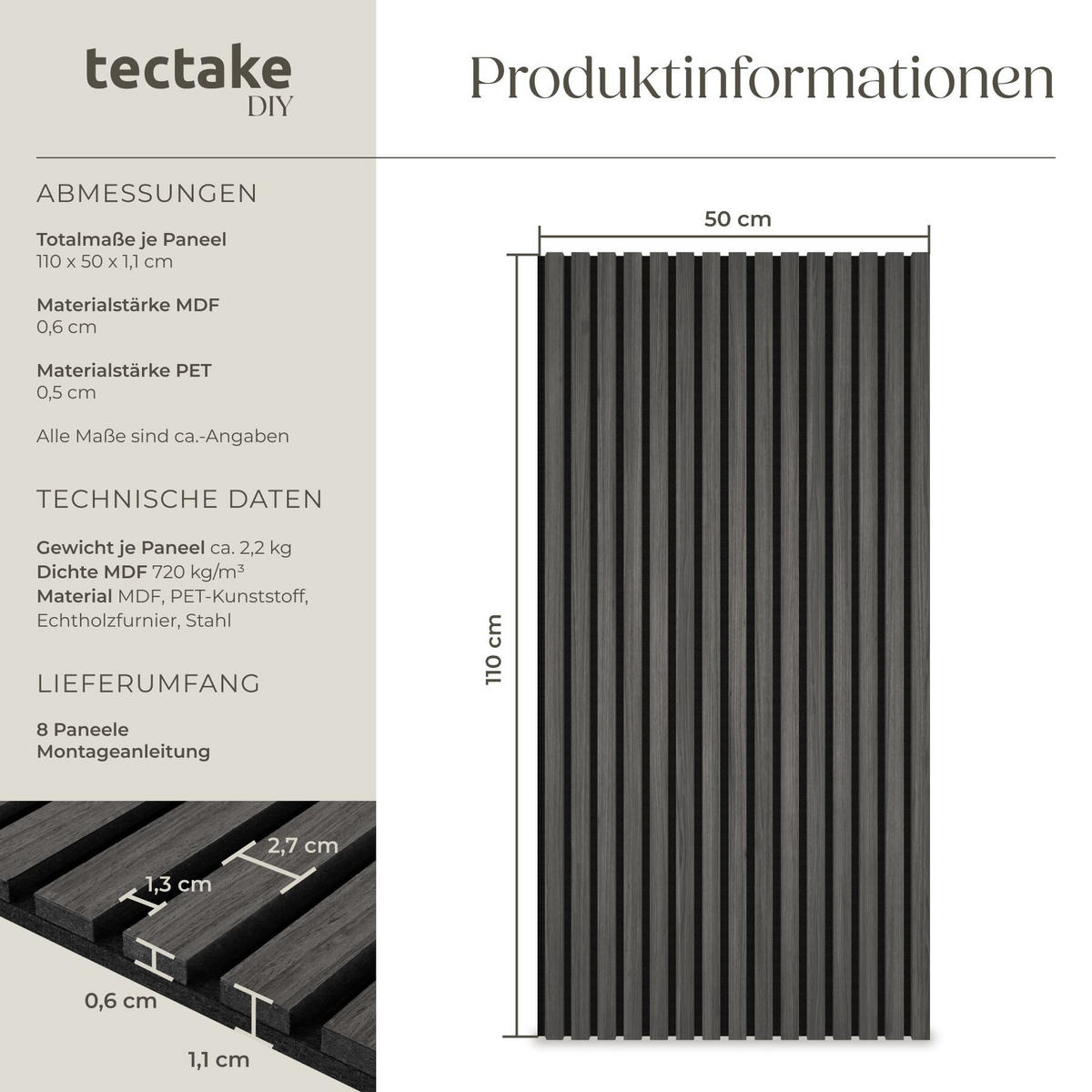 AKUSTIKPANEELE 8er Set Sonic Wall Iv, je 110 x 50 x 1,1 cm, Größe flexibel anpassbar, Eiche schwarz - Schwarz, Holz (50/1.1/110cm) - tectake