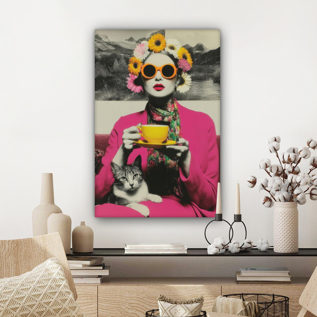 LEINWANDBILD Frau - Katze - Blumen - Tasse - Retro Wanddeko 40x60 cm - Magenta, Textil (40/60cm) - MuchoWow