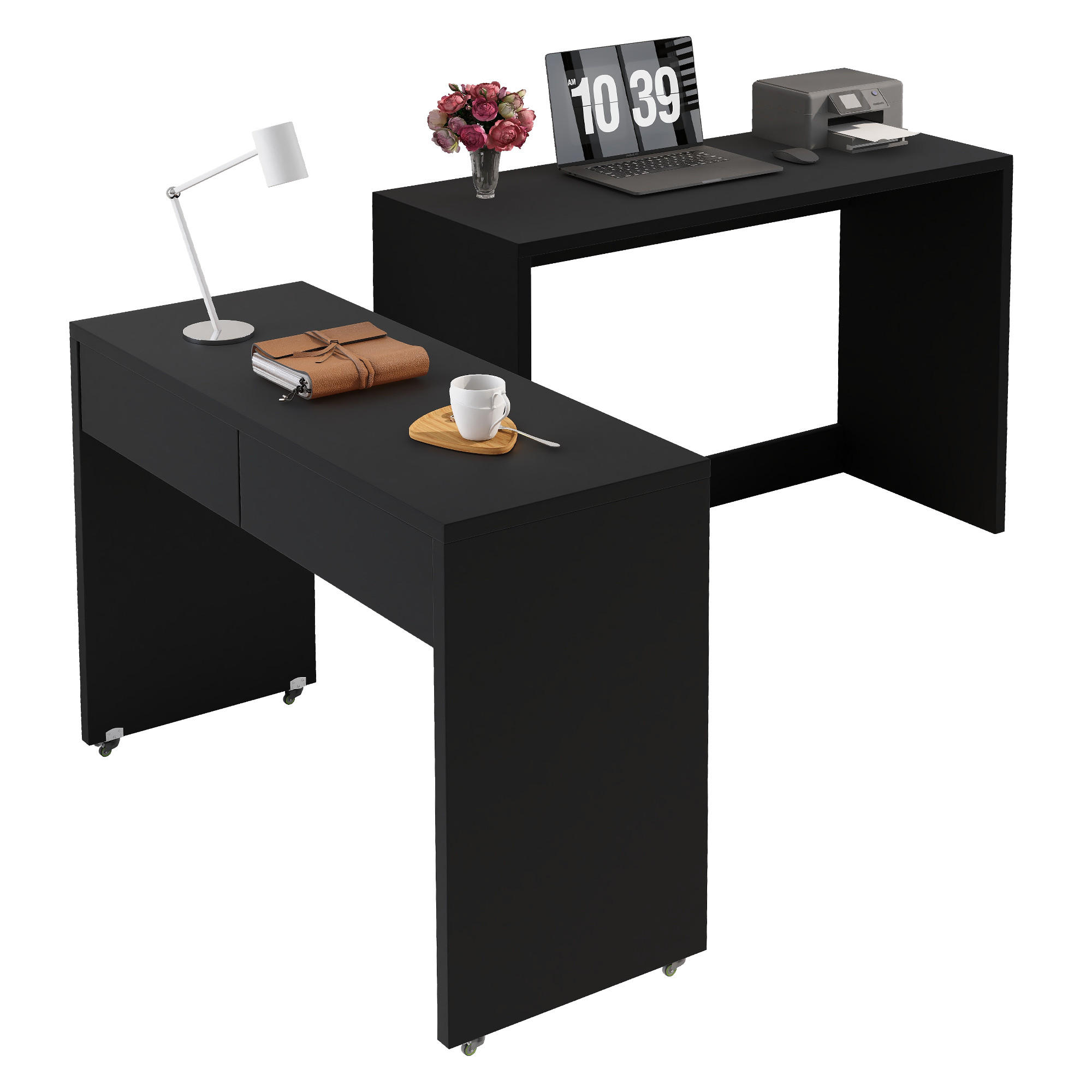 SCHREIBTISCH in Schwarz Bürotisch mit ausziehbarer Tischplatte, Rollen und faltbarer Funktion , B110/T40/H78cm - Schwarz, Holzwerkstoff/Metall (40/110/78cm) - STILVORA