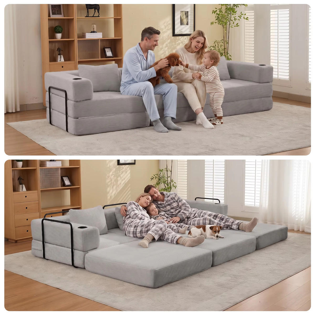 SCHLAFSOFA 3-Sitzer Cord mit Bettfunktion, faltbares Sofa - Grau, Textil (300/63/100cm) - Kaket