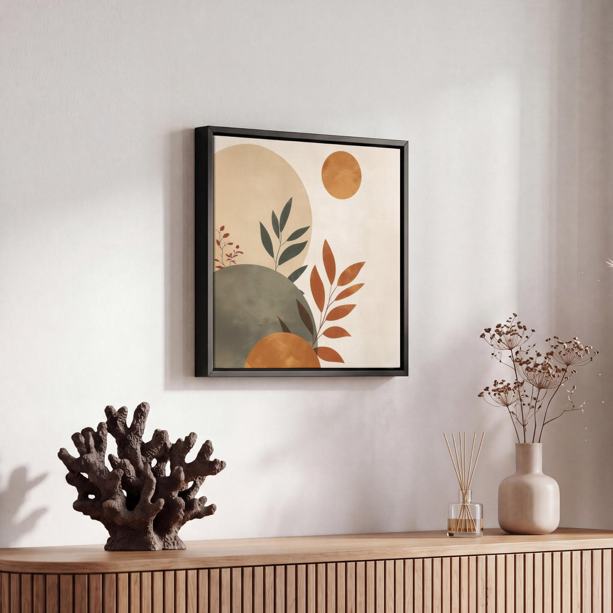 LEINWAND Bilder mit Rahmen - Formen - Rund - Blätter - Beige - 20x20 - Rostfarben, Textil (20/20cm) - MuchoWow