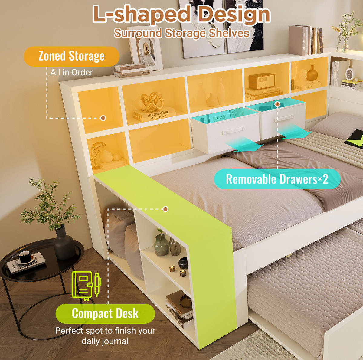 BETT 140/200 cm in Weiß mit Stauraum und USB- und Type-C-Anschlüssen - Weiß, Holz (140/200cm) - Flora Grace