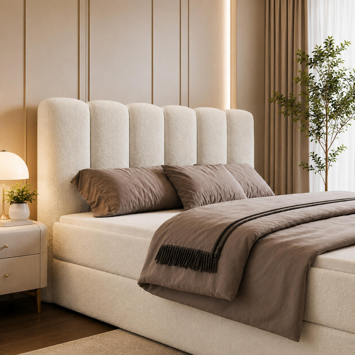 BOXBETT NOLA 200x200 mit Bettkasten, Matratze & Topper – Braun Bouclé - Braun, Textil (200/200cm) - Luxkor24