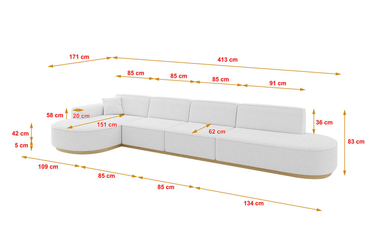 ECKSOFA Ottomane Links MARI-L3-v2 - 413x171x83 cm Weiß Bouclé - Weiß, Holzwerkstoff/Textil (413/171cm) - ALTDECOR