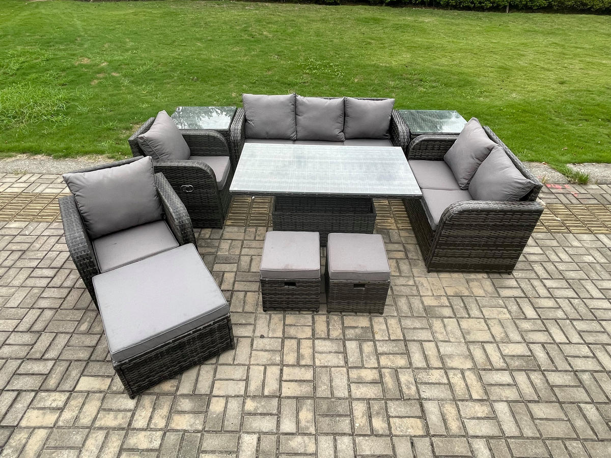 GARTENSET Polyrattan 9-Sitzer - Dunkelgrau/Grau, Glas/Kunststoff - Fimous