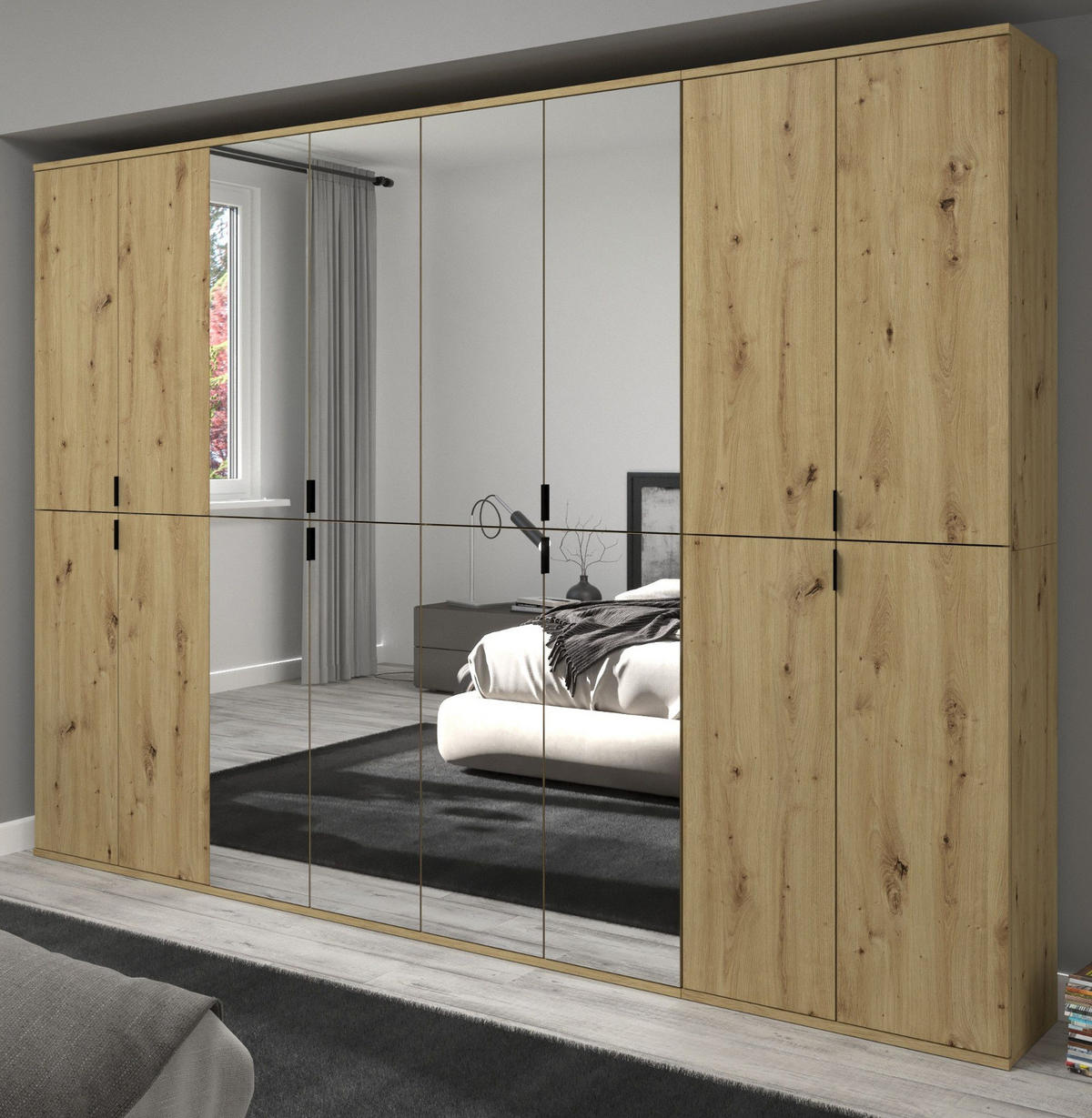 KLEIDERSCHRANK Eiche Artisan 244 cm, Stauraumschrank mit Spiegel - Schwarz/Eiche Artisan, Glas/Holzwerkstoff (244/193/34cm) - Inn.Furn