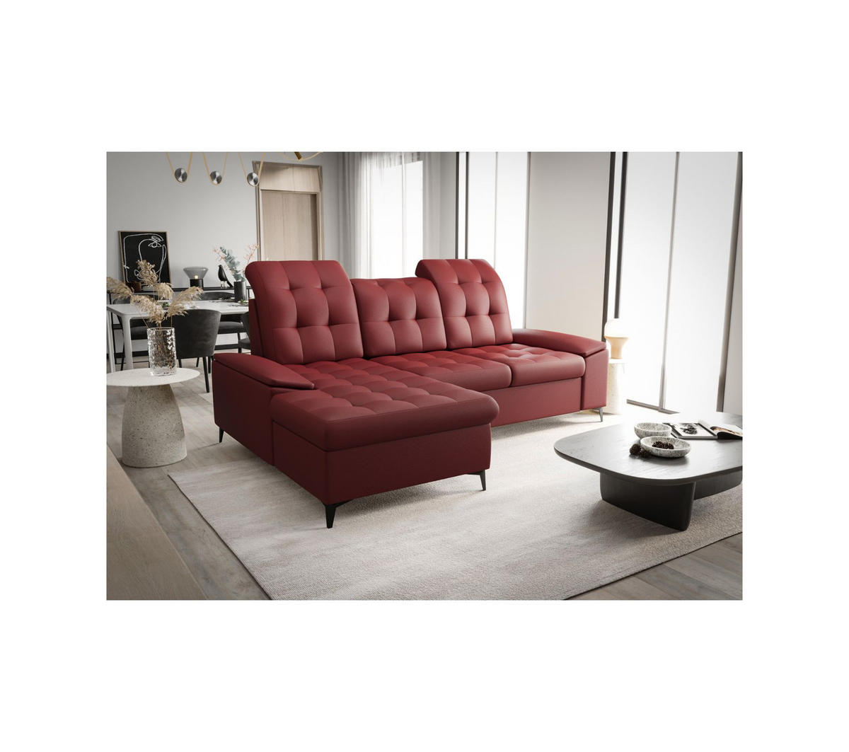 ECKSOFA KONGO RBN18, Eckcouch in L-Form mit Schlaffunktion, Farbe: Rot, Kunstleder, Ottomane Links - Rot, Textil (257/172cm) - O-Sofa