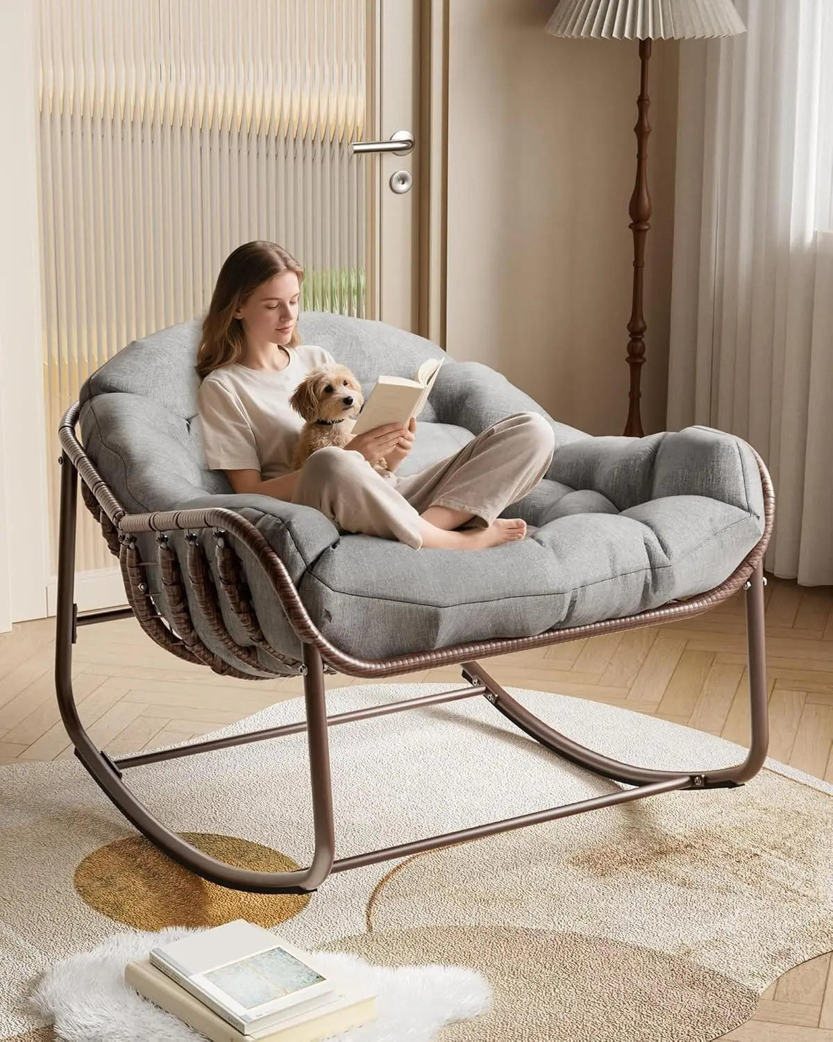 SCHAUKELSTUHL Rattan mit dicker Polsterung, großer Lounge-Eierstuhl für Garten und Innenbereich, Grau - Grau, Textil (83/64/92cm) - Kaket