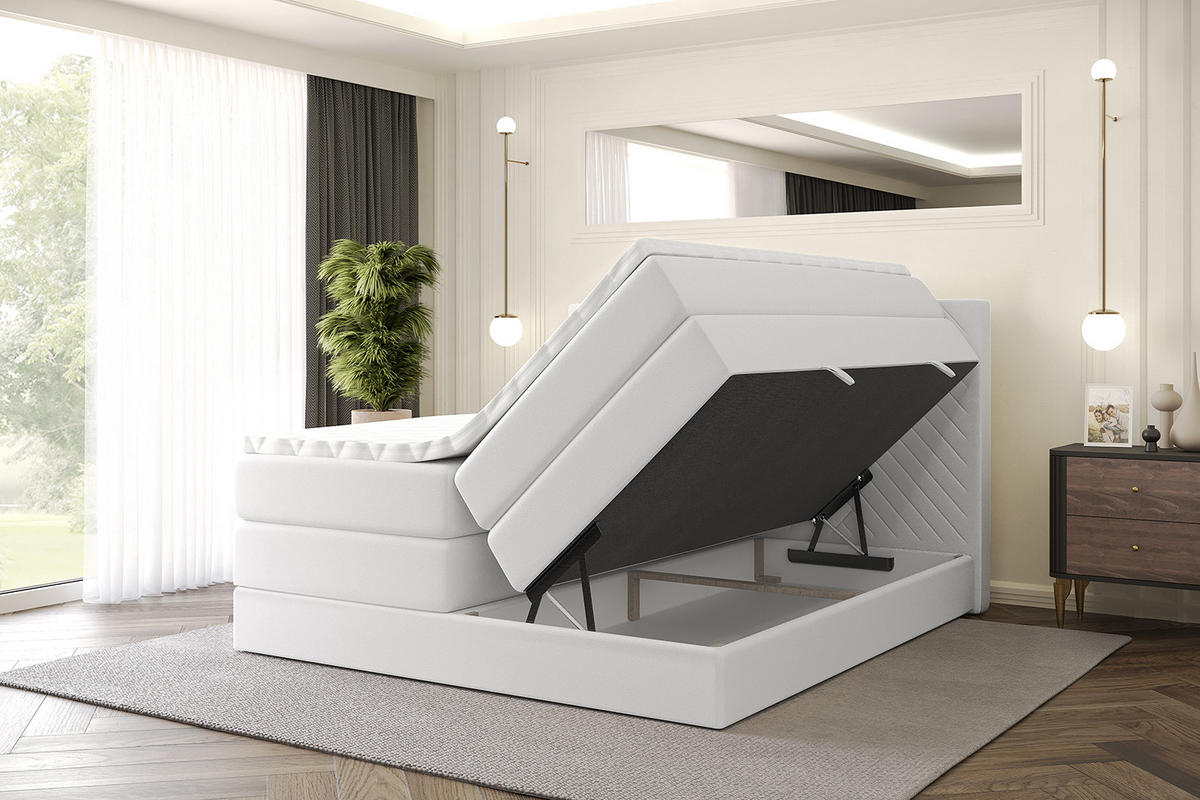 BOXSPRINGBETT mit Matratze H3|H4 und Lattenrost - VEXA KING-160x200 - Weiß - Weiß, Holzwerkstoff (160/200cm) - ALTDECOR