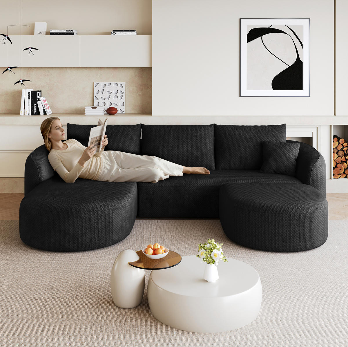 ECKSOFA 266/168/85 cm schwarz aus Stoff ohne Montage - Schwarz, Textil (168/266cm) - OKWISH