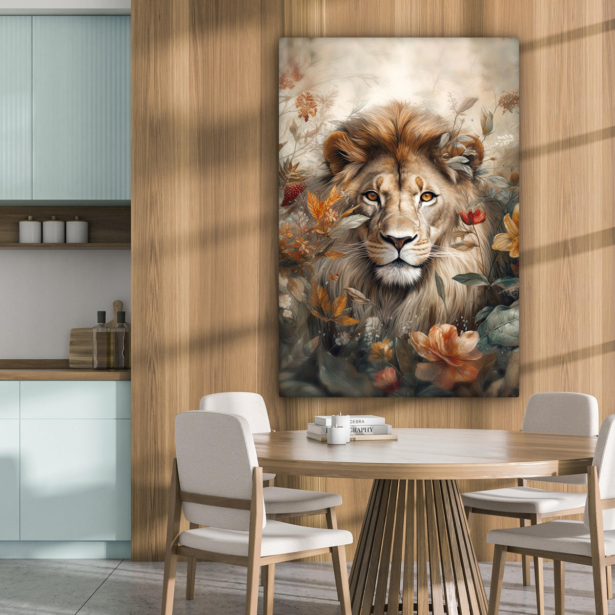 LEINWANDBILD Löwe - Wildtiere - Pflanzen - Natur - Blumen 90x140 cm - Beige, Textil (90/140cm) - MuchoWow