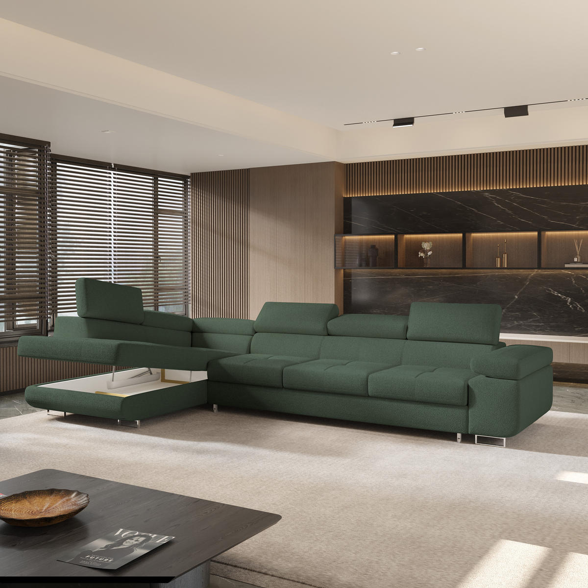 ECKSOFA VICENTE Grün Boucle-Stoff mit Schlaffunktion - Grün, Holz (346/202cm) - MASSENO