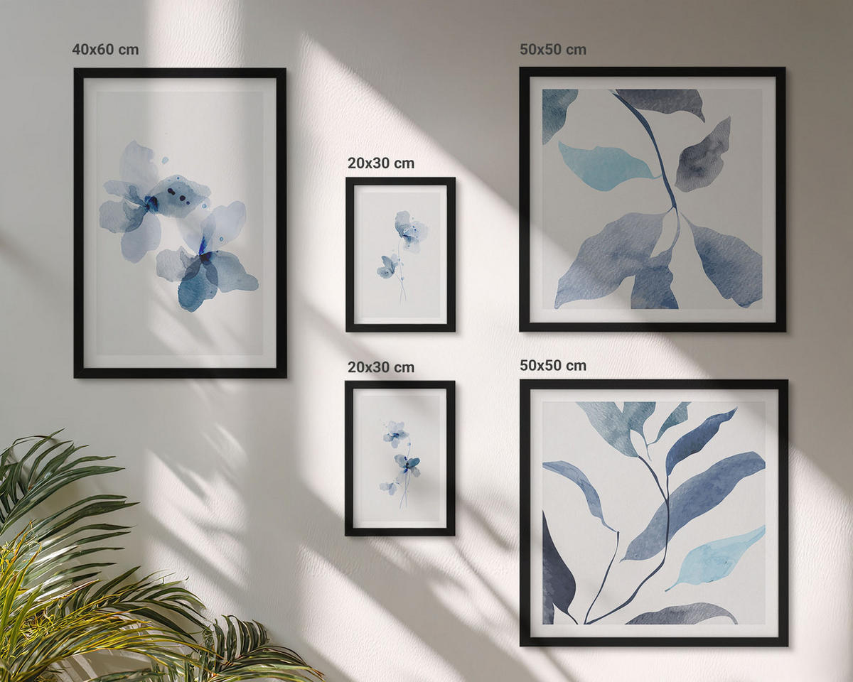 BILDER SET 5er Set - 50x50 cm & 20x30 cm & 40x60 cm Schwarzer Rahmen - Minimalistische blaue Blumen - Schwarz, Kunststoff (40/60cm) - TULUP