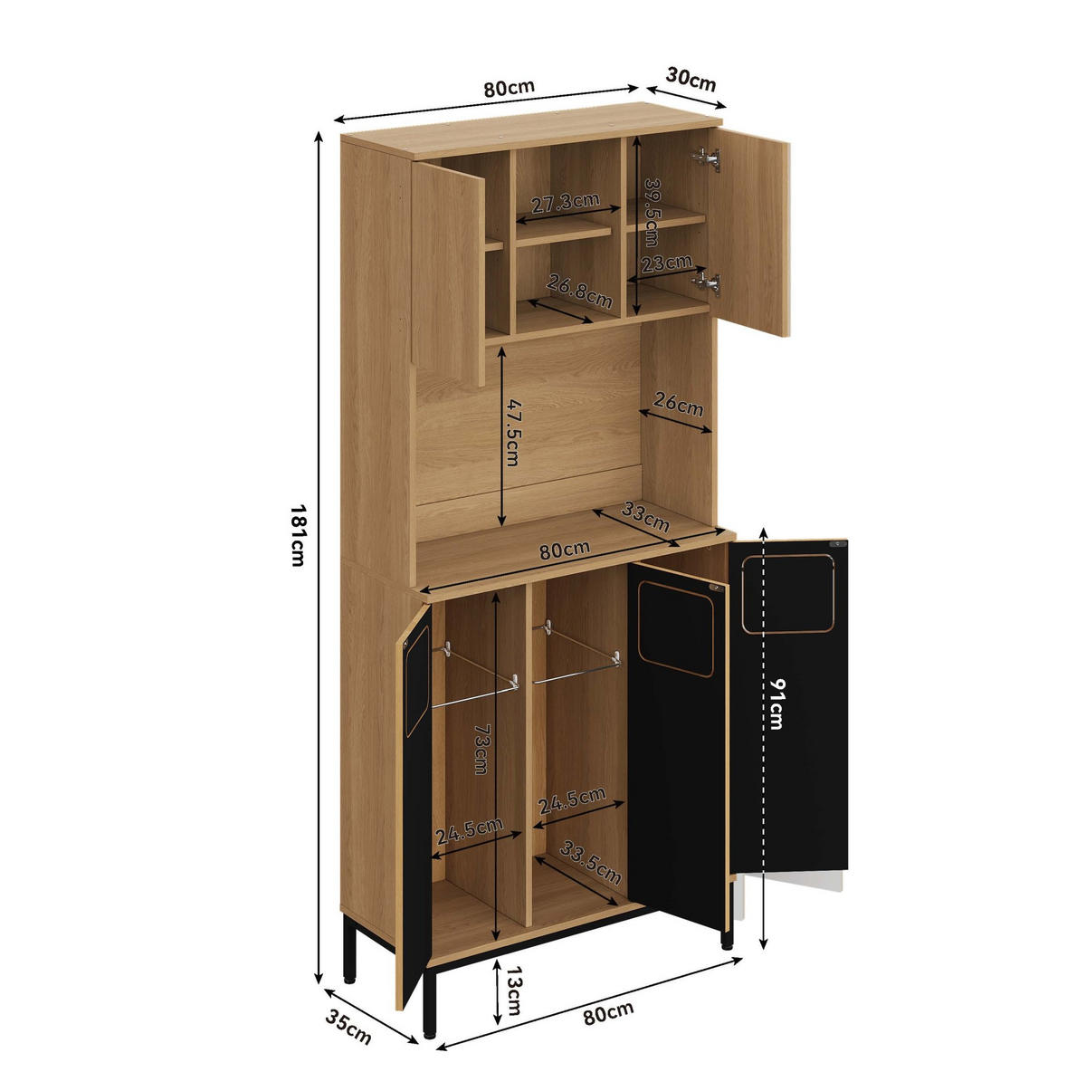 BUFFET aus MDF 35x80x181 cm Natur mit 3 Fächern, Mikrowellenablage und Stauraum - Naturfarben, Holzwerkstoff (80/181/35cm) - Modfu
