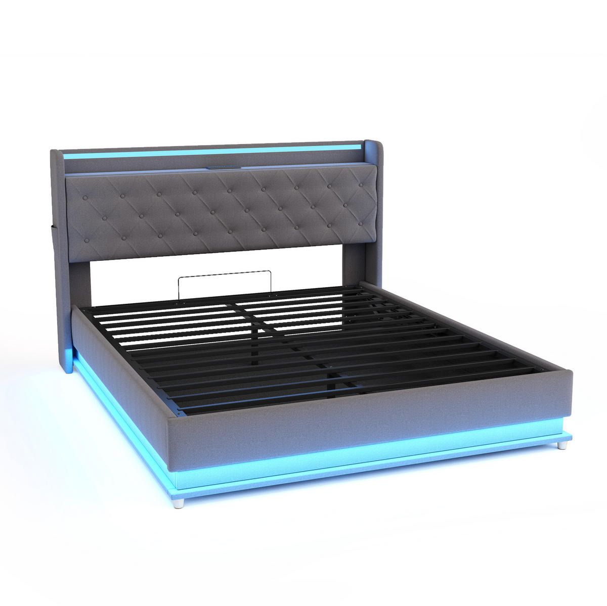 POLSTERBETT 140/200 cm Grau mit LED-Beleuchtung, USB und Stauraum - Grau, Textil (140/200cm) - Flora Grace
