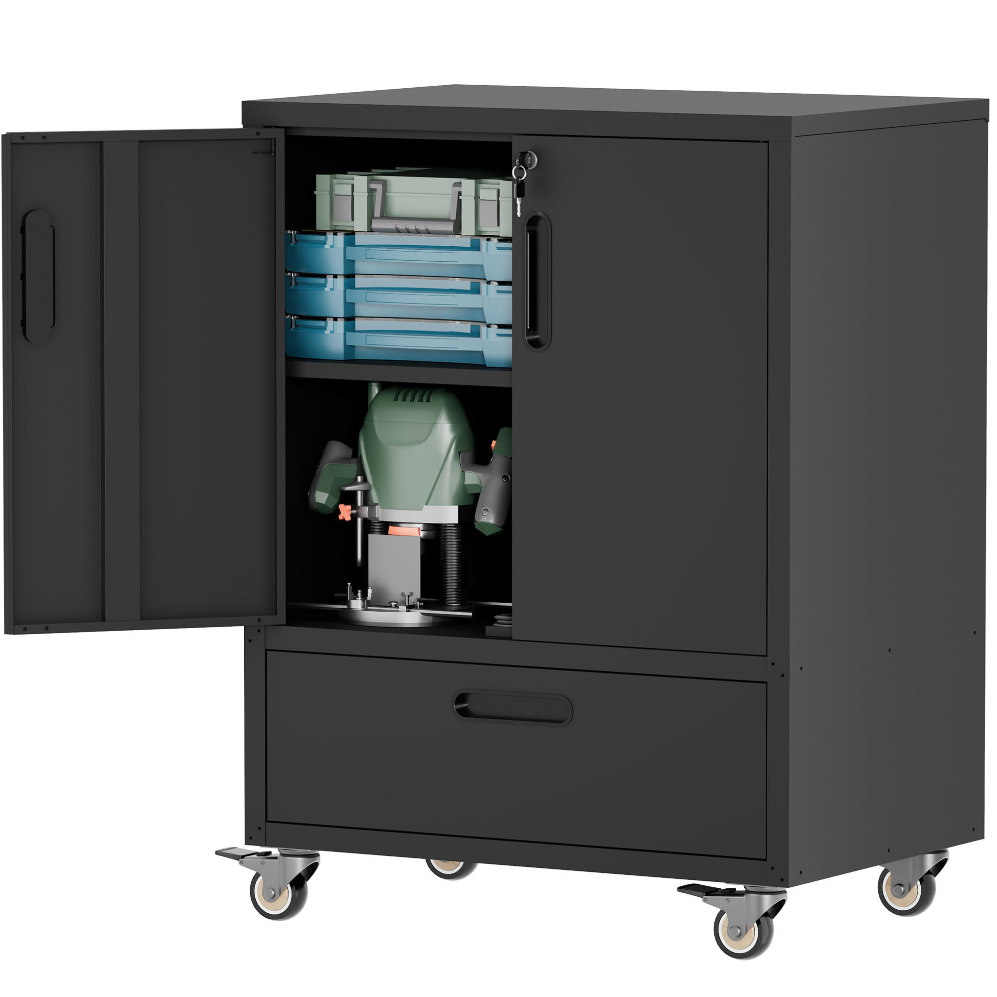 WERKZEUGSCHRANK Metall mit Rollen 101,5x76x51 cm – Heavy Duty, großer Stauraum, Werkstattwagen für Garage, Büro & Haushalt, Schwarz/Grau - Schwarz, Metall (76/51/101.5cm) - Ej. Life