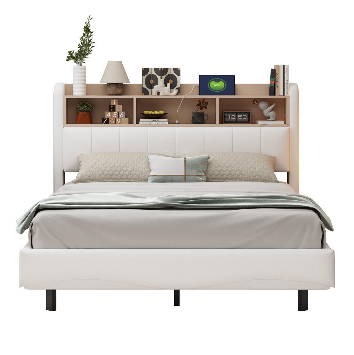 POLSTERBETT mit Stauraum, LED und USB 140x200 cm Beige - Beige, Metall (140/200cm) - Meubliv