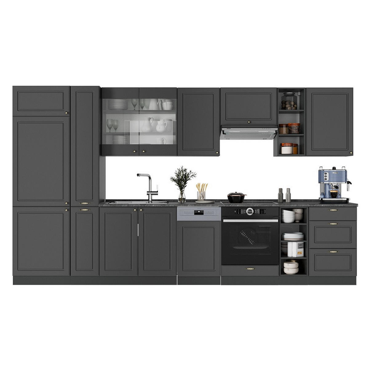 KÜCHENZEILE Fame-Line Anthrazit-Gold Landhaus 355 cm ohne Arbeitsplatte - Anthrazit, Holzwerkstoff (355/206.8/51.6cm) - Vicco
