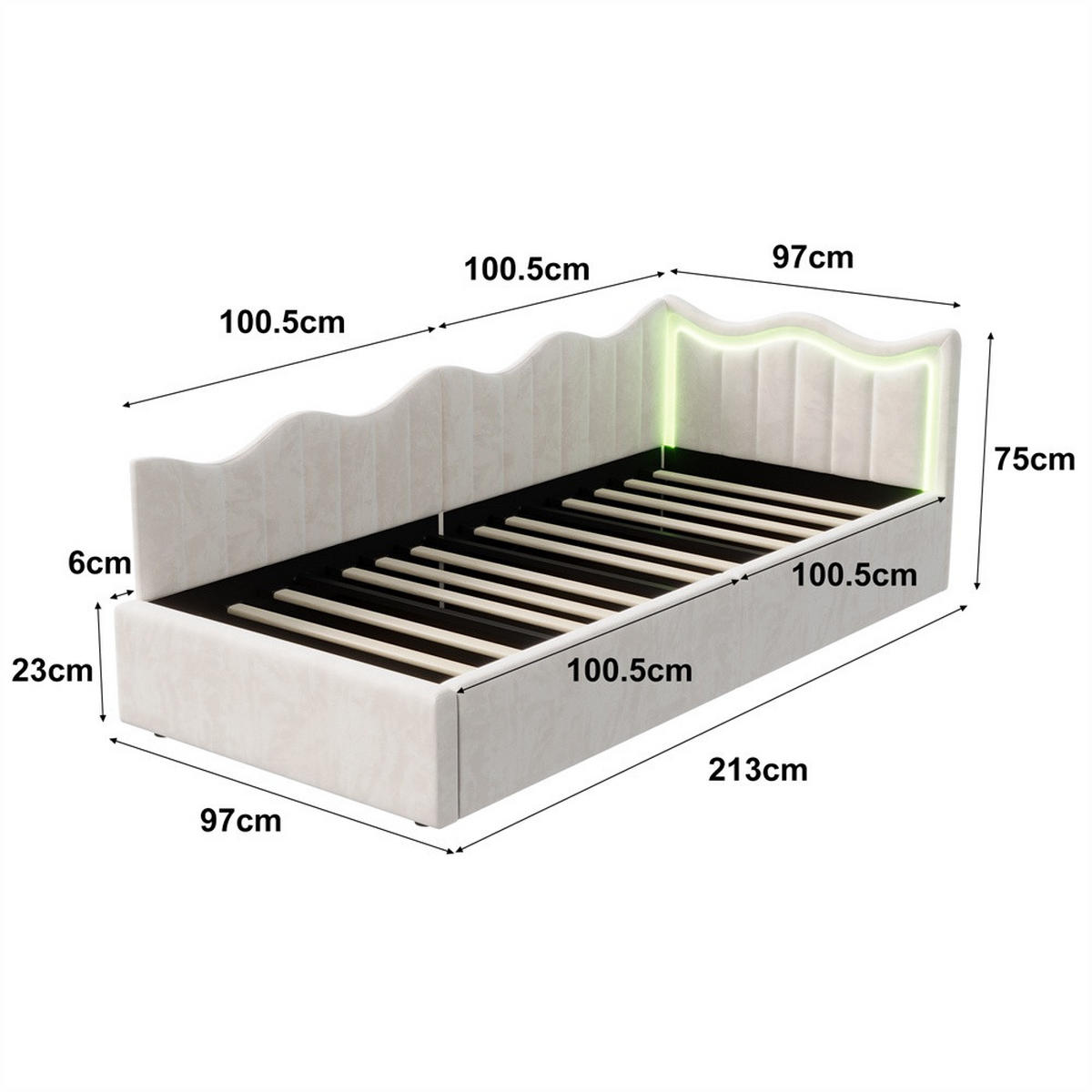 EINZELBETT 90x200cm - Polsterbett mit hydraulischem Stauraum und LED-Beleuchtung - ohne Matratze - Creme-Weiß - Beige, Textil (90/200cm) - DELFA
