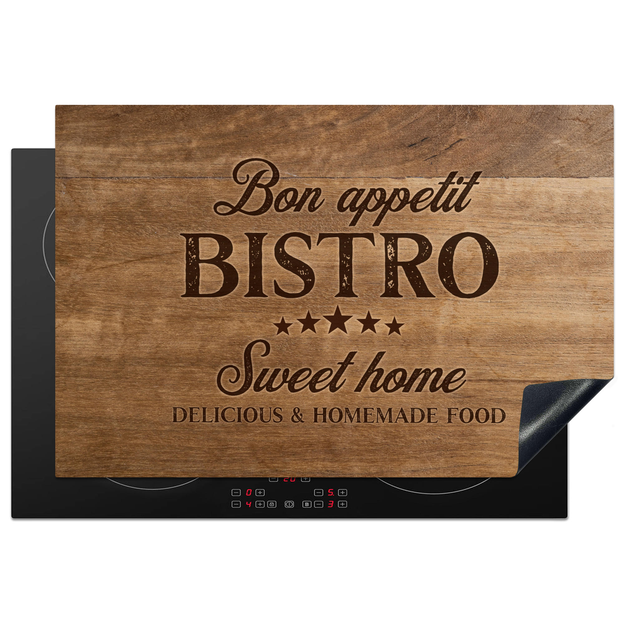 HERDABDECKPLATTE Zitat - Bistro - Guten Appetit - Süßes Zuhause - Holzmaserung 77x51 cm - Braun, Kunststoff (77/0.2/51cm) - MuchoWow