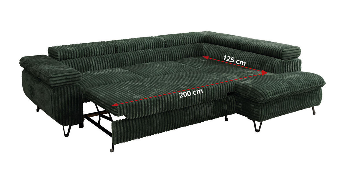 ECKSOFA PABLO L Grün Cord - Rechts Seite mit Visco Topper - Schwarz/Grün, Textil/Metall (273/208cm) - MKS