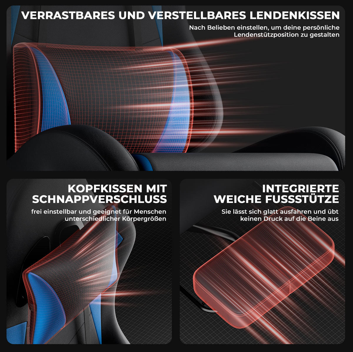 GAMINGSTUHL ergonomisch höhenverstellbar PVC Schwarz Blau - Blau, Kunststoff (63/120.5/58.5cm) - Meubliv