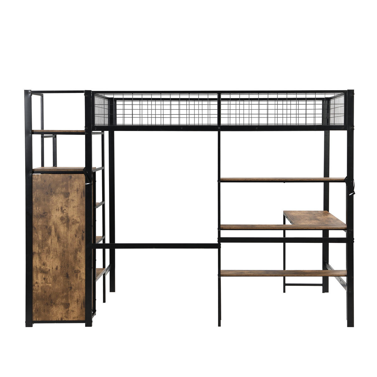 HOCHBETT 140/200 cm aus Metall und MDF mit Schreibtisch, Regalen und Kleiderschrank Schwarz/Braun - Schwarz, Metall (140/200cm) - Modenvie