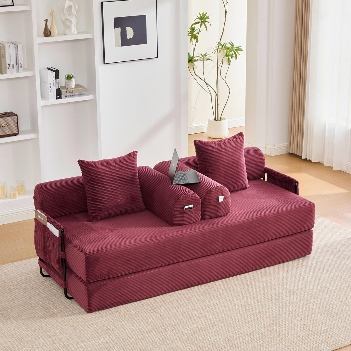 SOFA modular 200 x 94 cm Cord Wine Red mit Metallgestell und 3 Kissen - Rot, Kunststoff (94/67/200cm) - Meubliv