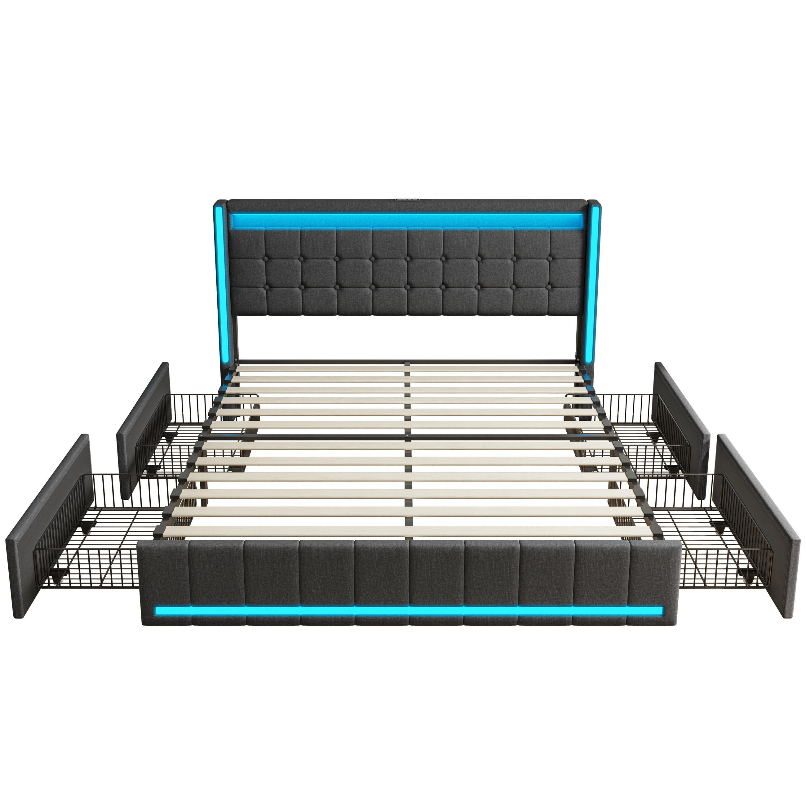 POLSTERBETT 140x200 cm aus Leinenstoff - Kopfteil mit LED und USB-C - 4 integrierte Schubladen - Ideal für Schlafzimmer oder Gästezimmer - Grey - Grau, Holzwerkstoff (140/200cm) - Brevoria