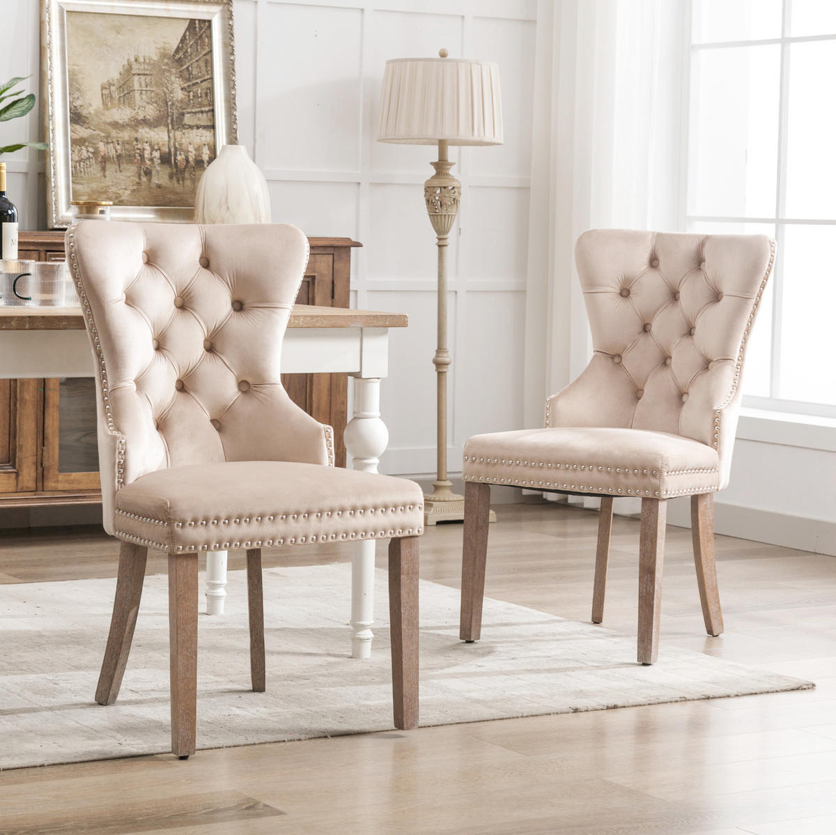 ESSZIMMERSTUHL 2er-Set Samt Beige mit Zierknöpfen und Massivholzbeinen - Beige, Holz (46.5/95/53cm) - Meubliv