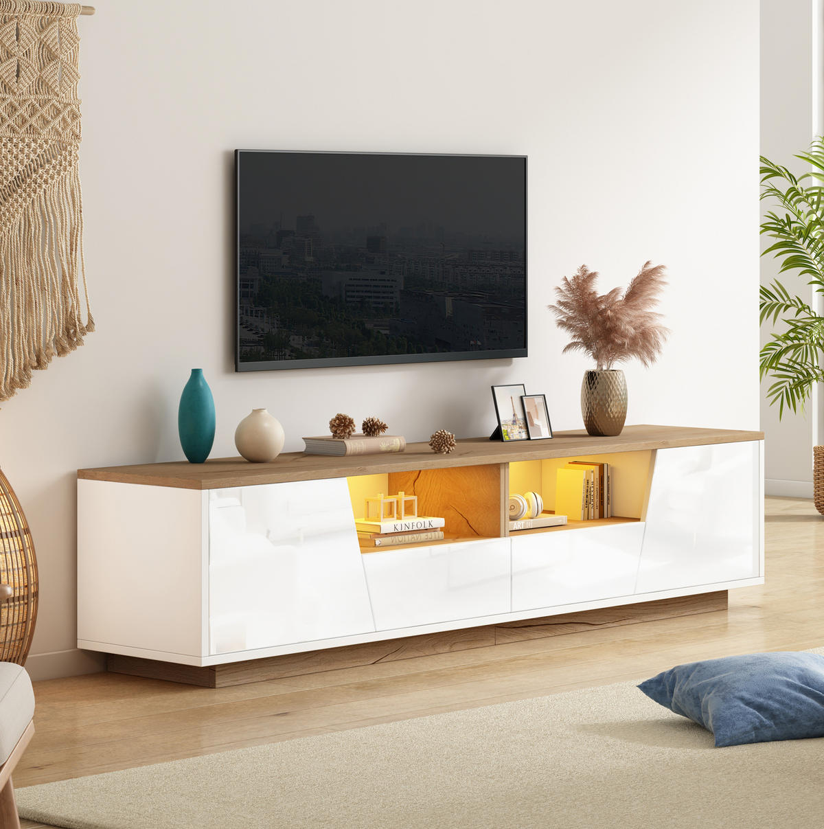 TV-SCHRANK mit LED 180 x 40 x 46 cm Hochglanz Weiß Holzoptik - Weiß, Holzwerkstoff (40/46/180cm) - Beauniv