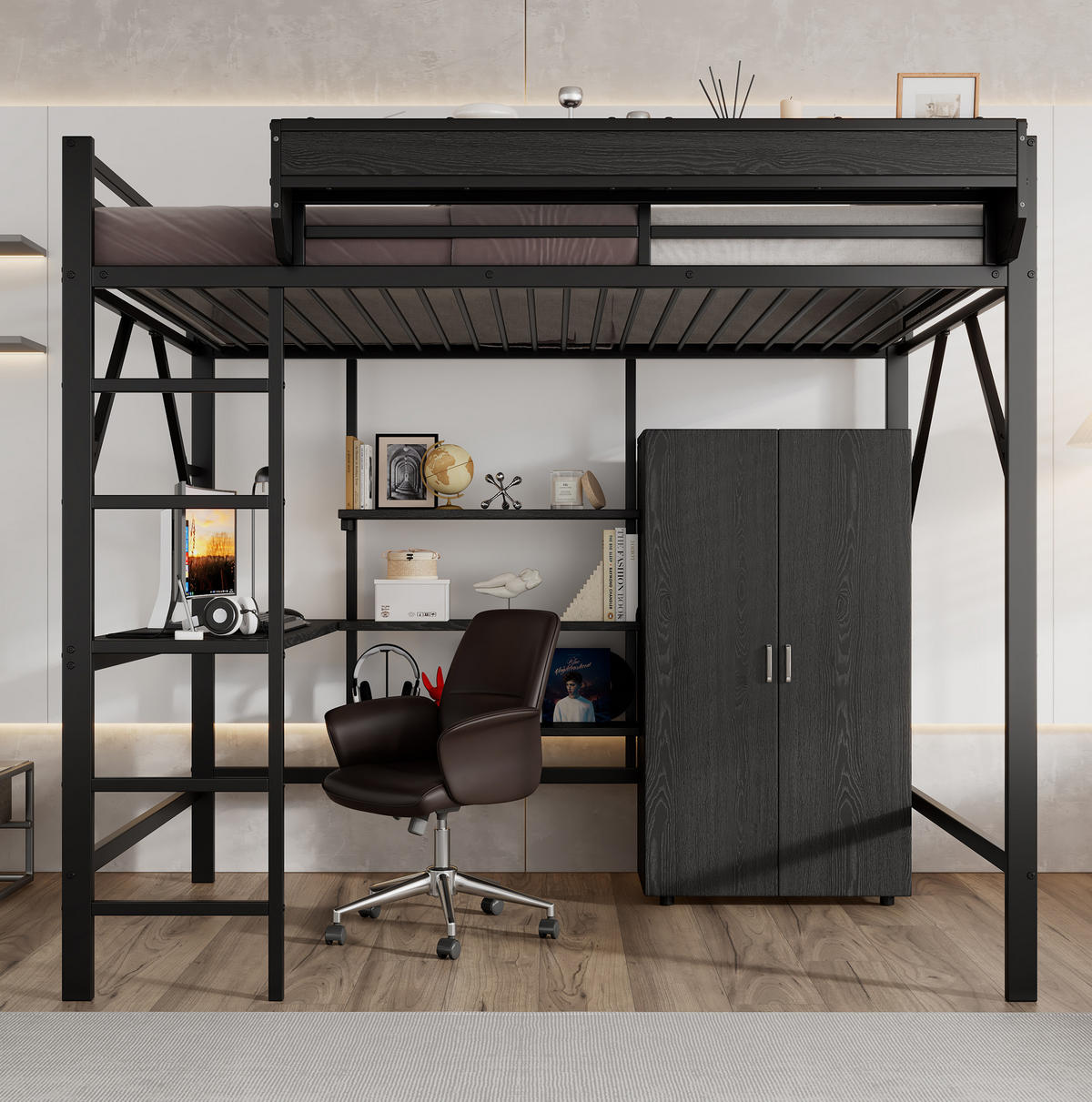 HOCHBETT aus MDF & Metall 140x200 cm in Schwarz mit Schreibtisch & Kleiderschrank - Schwarz, Holzwerkstoff (140/200cm) - Modfu