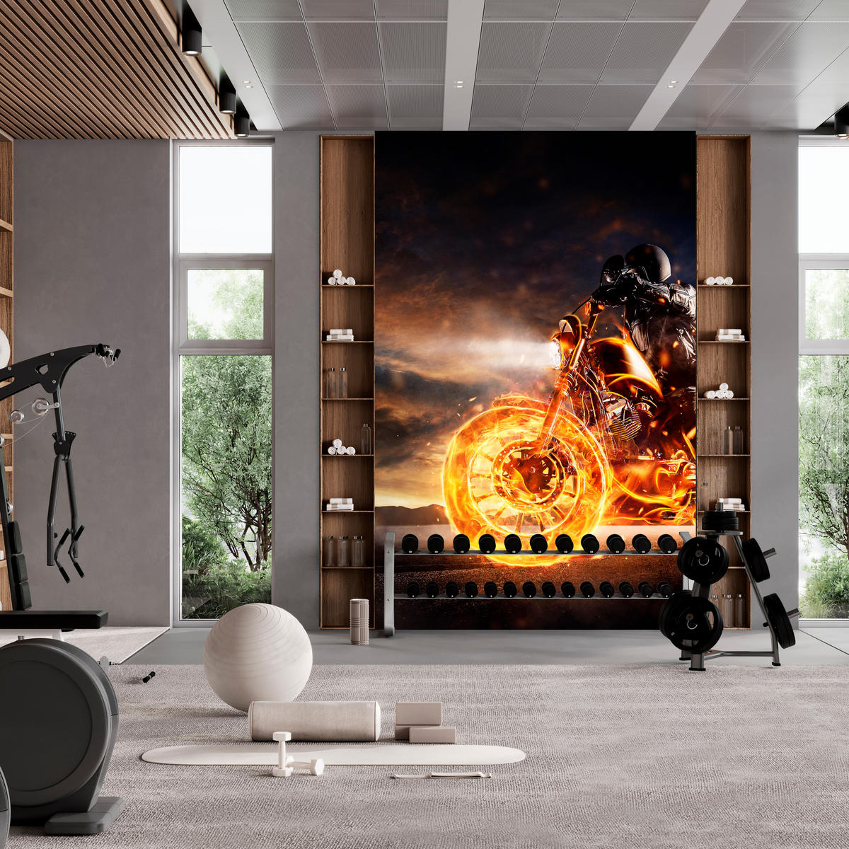 FOTOTAPETE für Jugendzimmer Mann Brennenden Motorrad Sport Nacht 500x350 - Schwarz/Orange, Papier (500/350cm) - Muralo