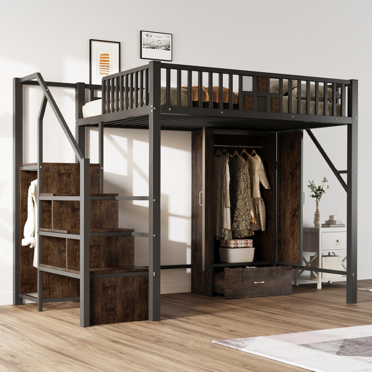 HOCHBETT aus Metall und Holz 140x200 cm Schwarz mit Kleiderschrank, Schublade und Stauraumleiter - Schwarz, Metall (140/200cm) - IVMEU